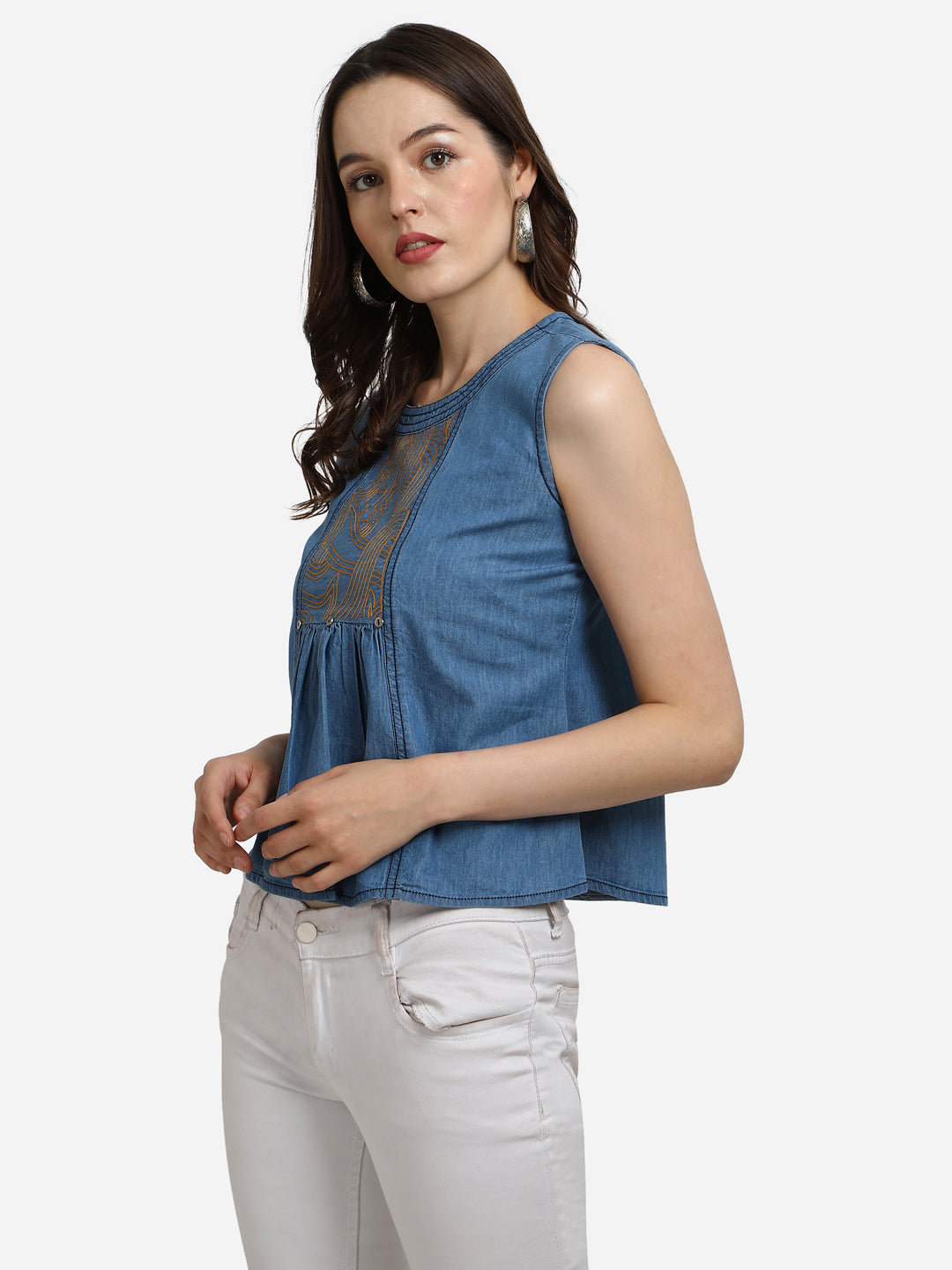Casual Sleeveless Embroidered Women Blue Denim Top