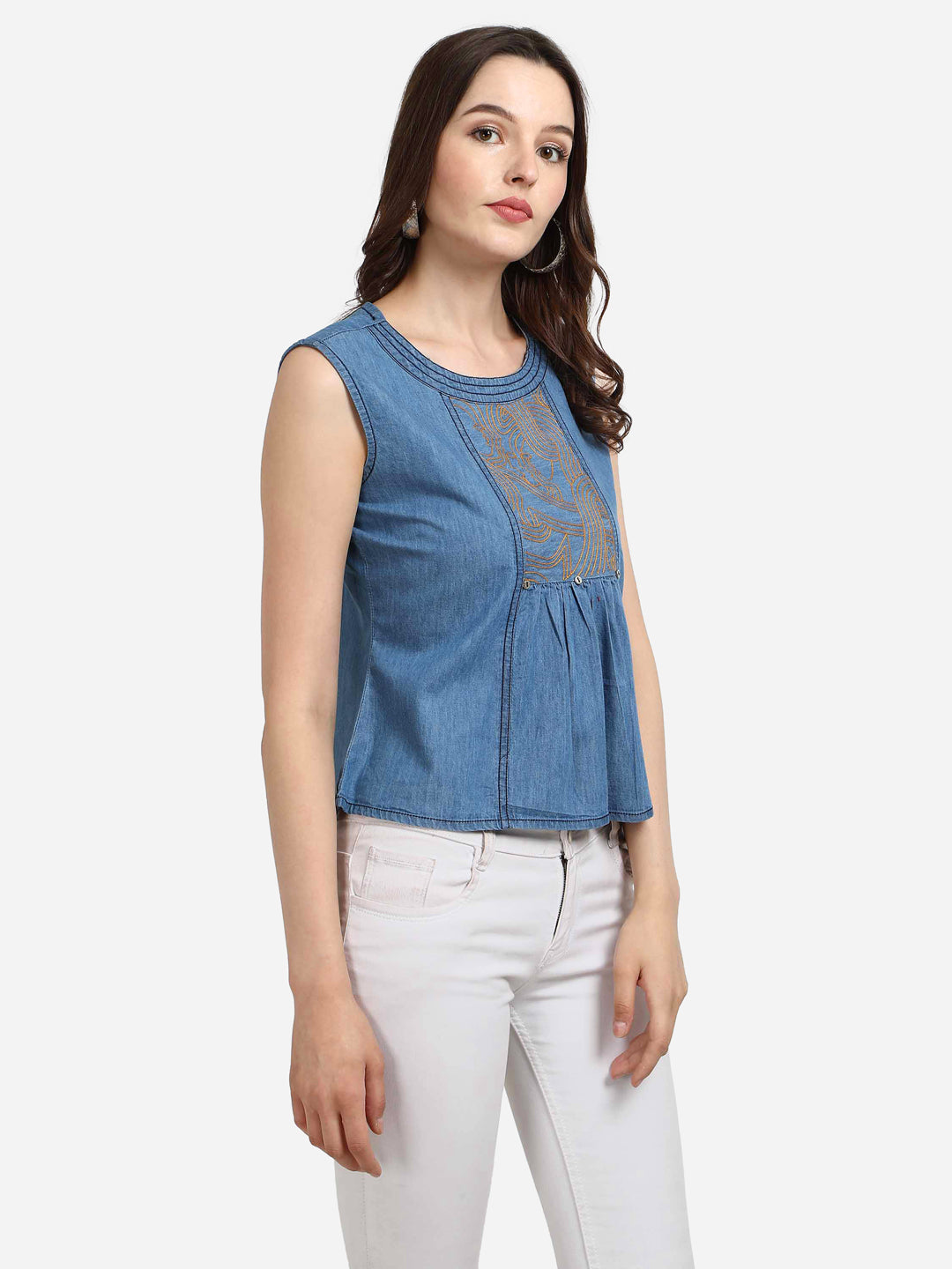 Casual Sleeveless Embroidered Women Blue Denim Top