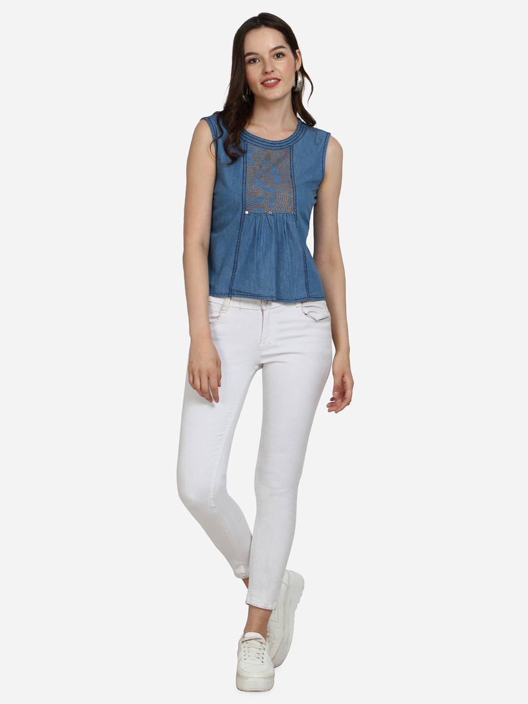 Casual Sleeveless Embroidered Women Blue Denim Top