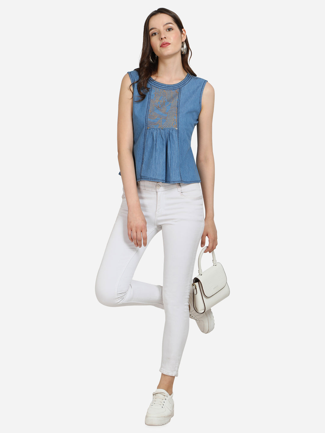 Casual Sleeveless Embroidered Women Blue Denim Top