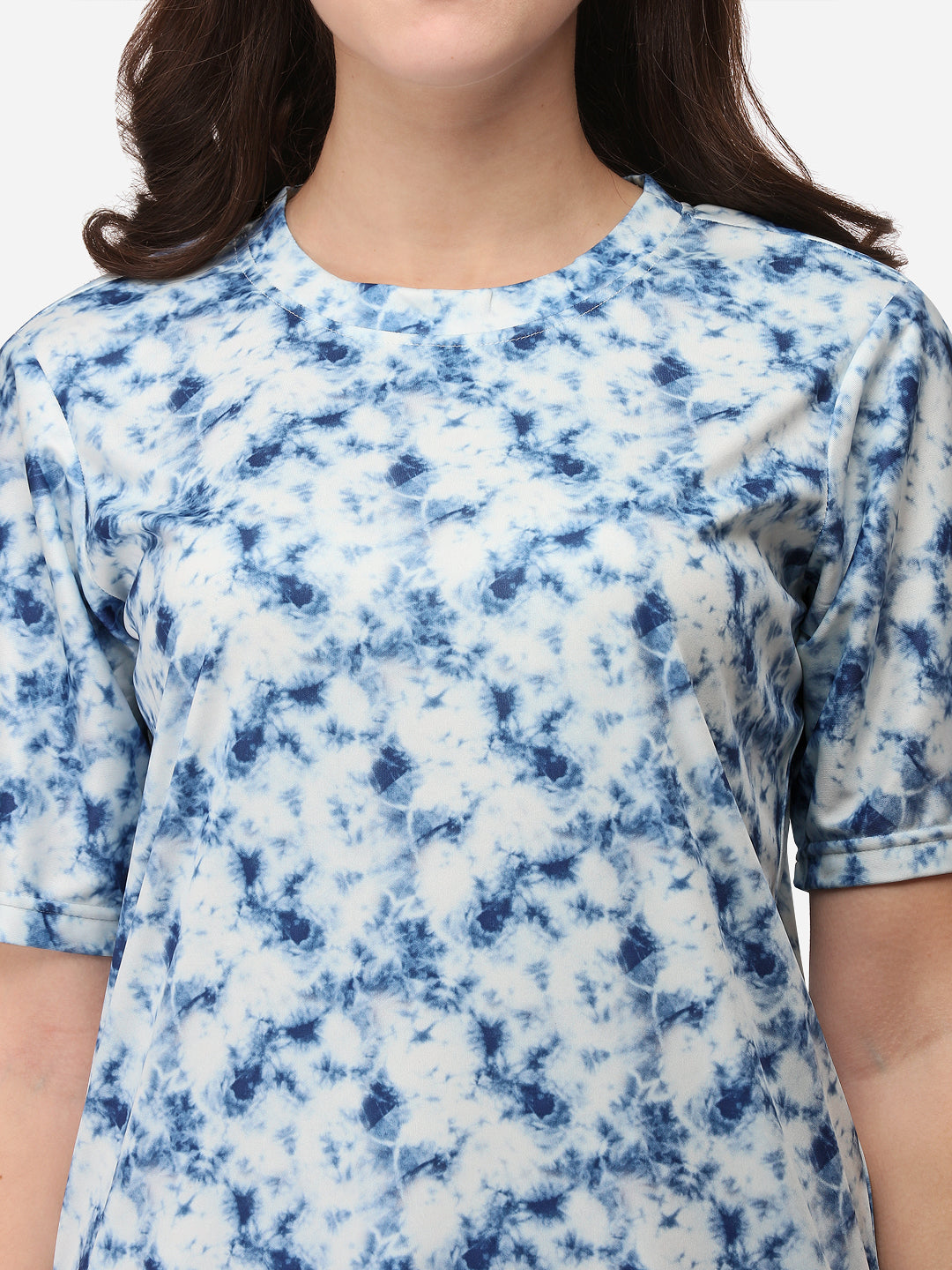 Women Printed Round Neck Cotton Blend White and Blue T-Shirt