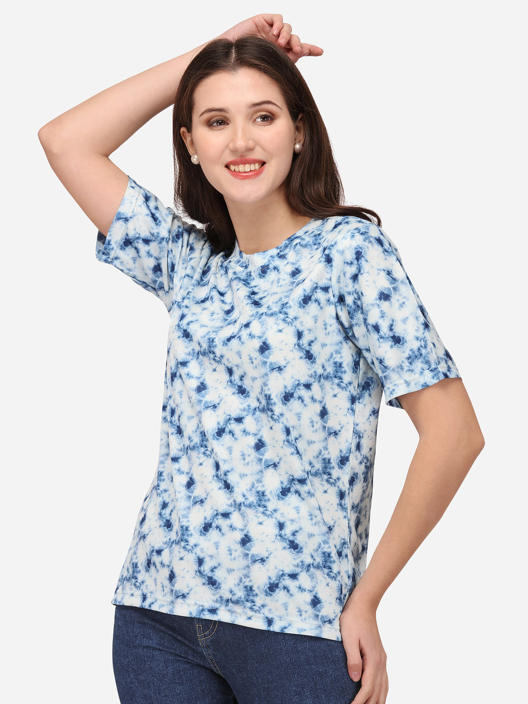Women Printed Round Neck Cotton Blend White and Blue T-Shirt