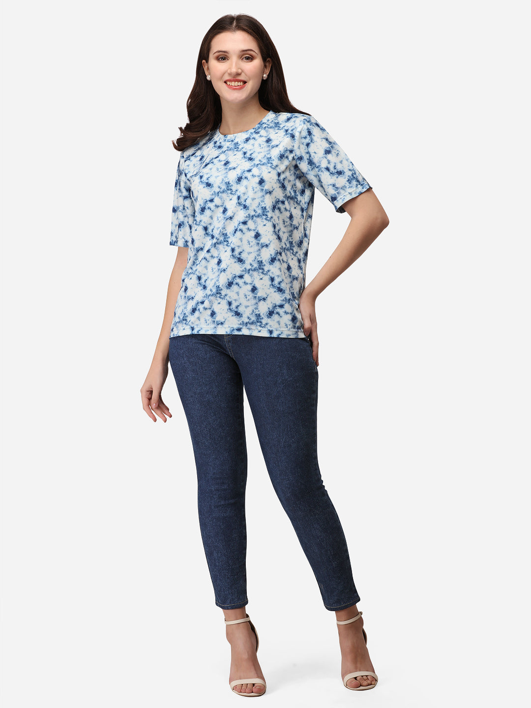 Women Printed Round Neck Cotton Blend White and Blue T-Shirt