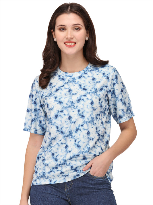 Women Printed Round Neck Cotton Blend White and Blue T-Shirt