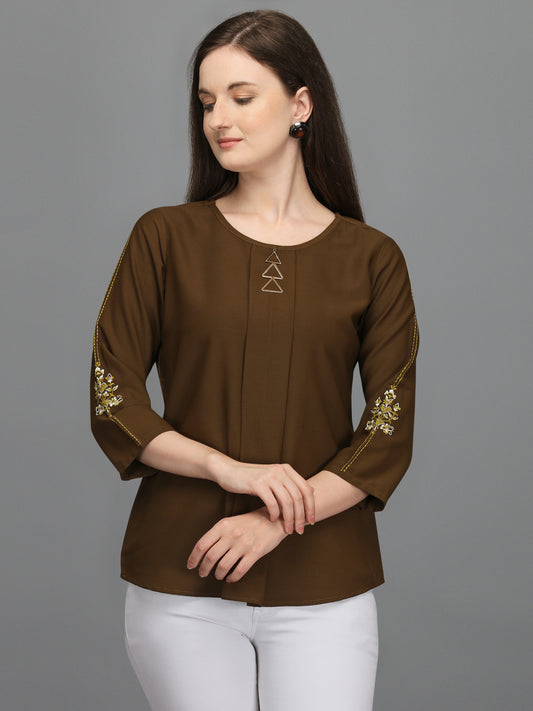 Casual 3/4 Sleeves Embroidered Women Brown Top