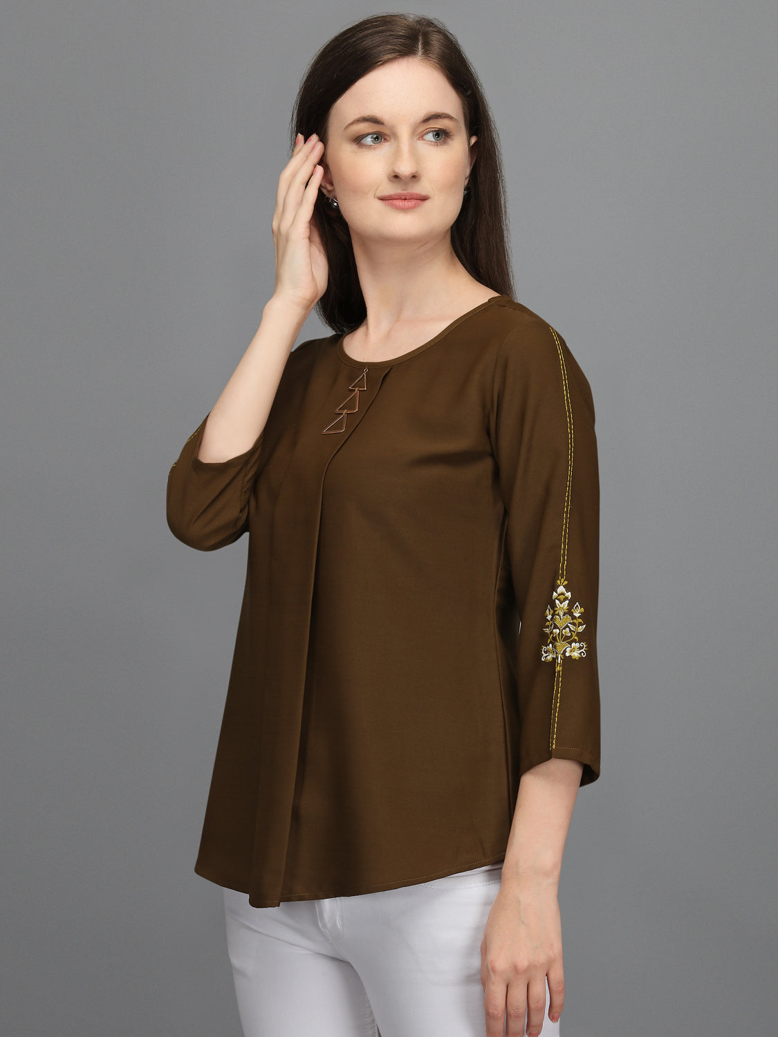 Casual 3/4 Sleeves Embroidered Women Brown Top