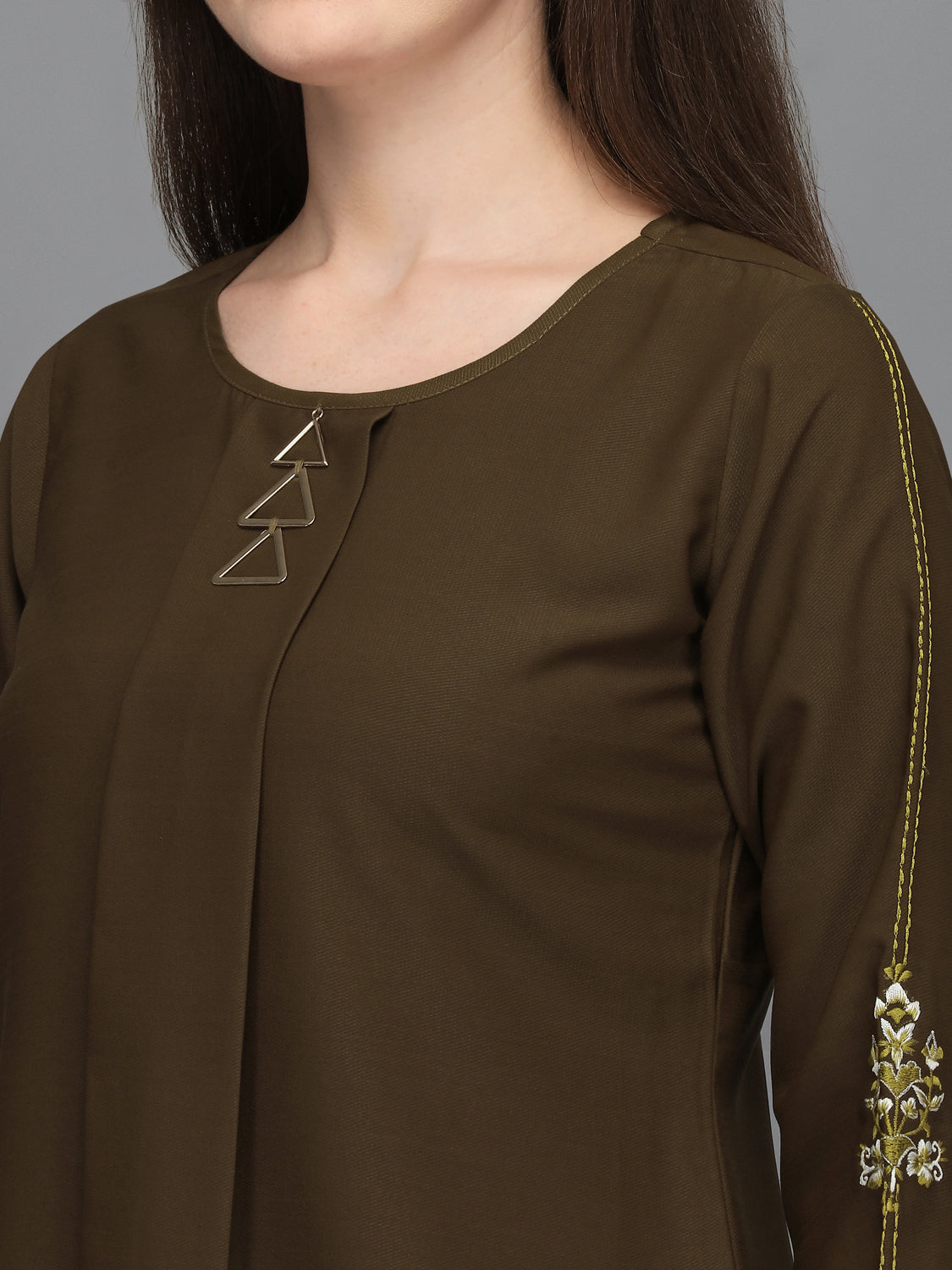 Casual 3/4 Sleeves Embroidered Women Brown Top