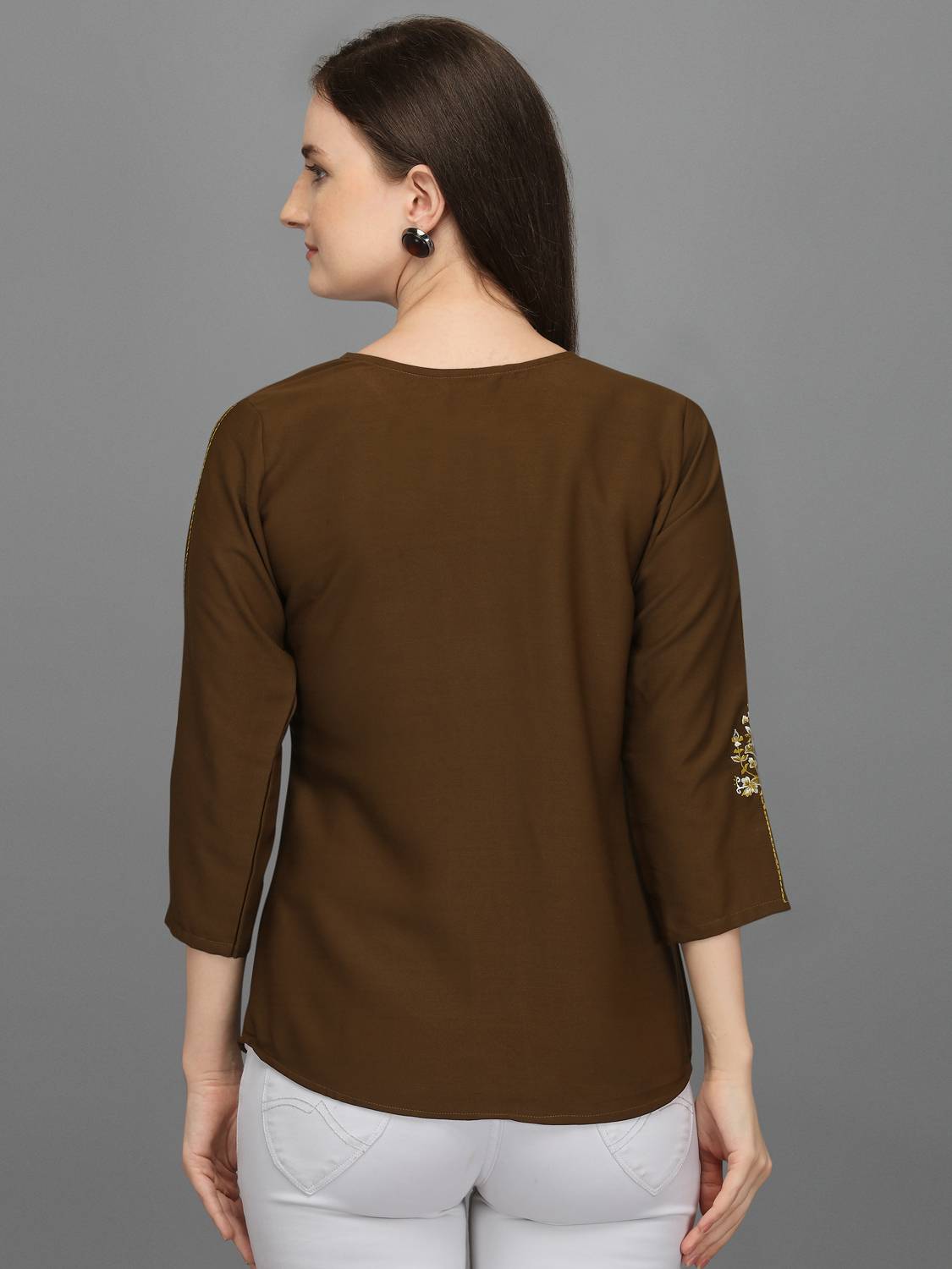 Casual 3/4 Sleeves Embroidered Women Brown Top