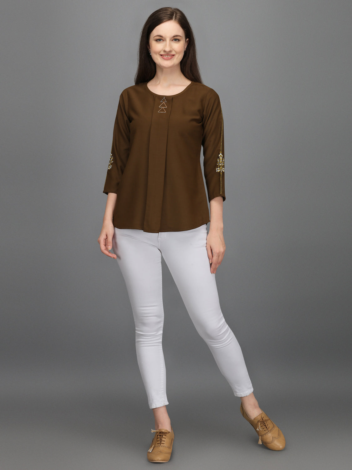 Casual 3/4 Sleeves Embroidered Women Brown Top
