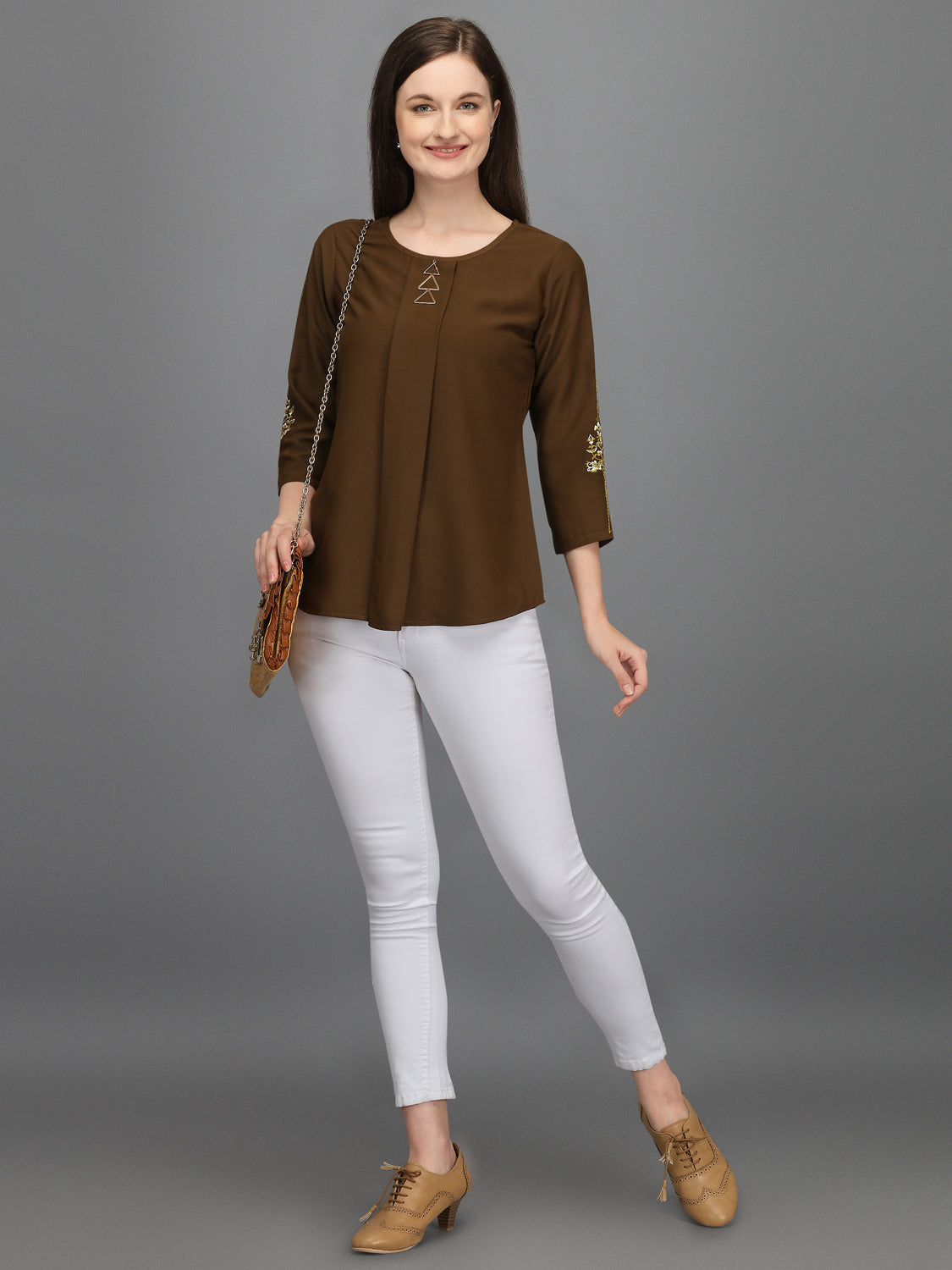 Casual 3/4 Sleeves Embroidered Women Brown Top