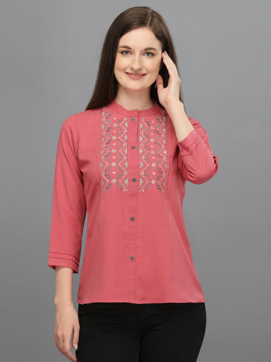 Casual Regular Sleeves Embroidered Women Pink Top