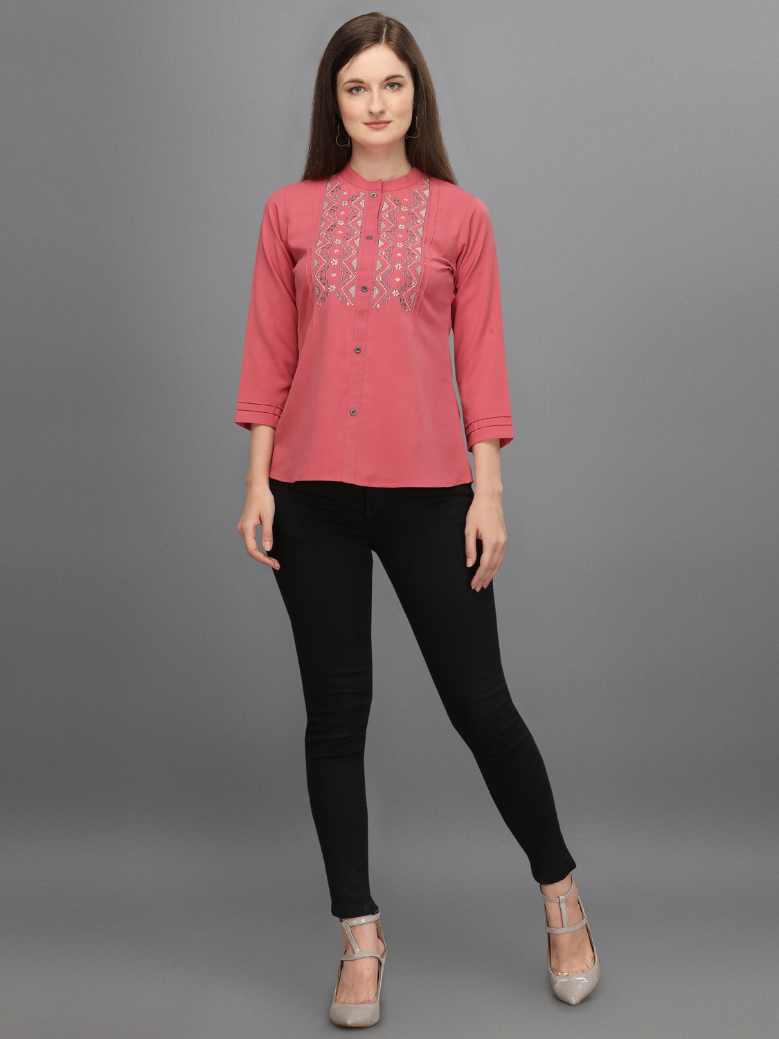 Casual Regular Sleeves Embroidered Women Pink Top