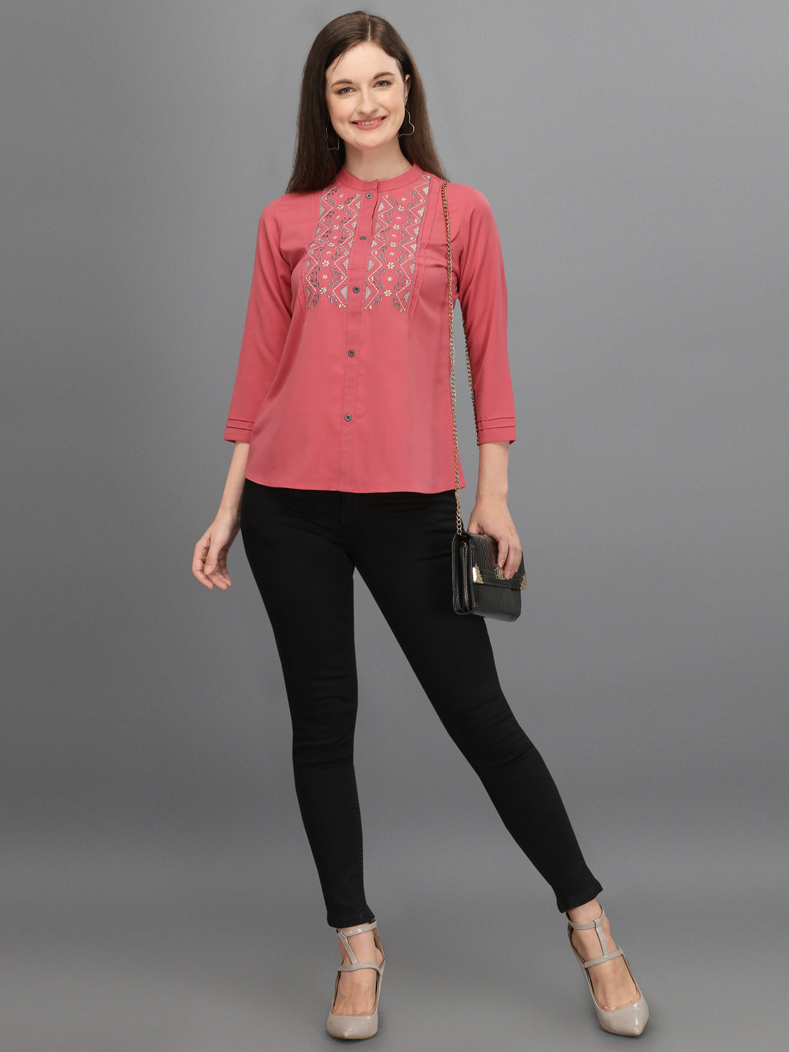 Casual Regular Sleeves Embroidered Women Pink Top