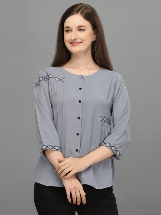Casual Regular Sleeves Embroidered Women Grey Top