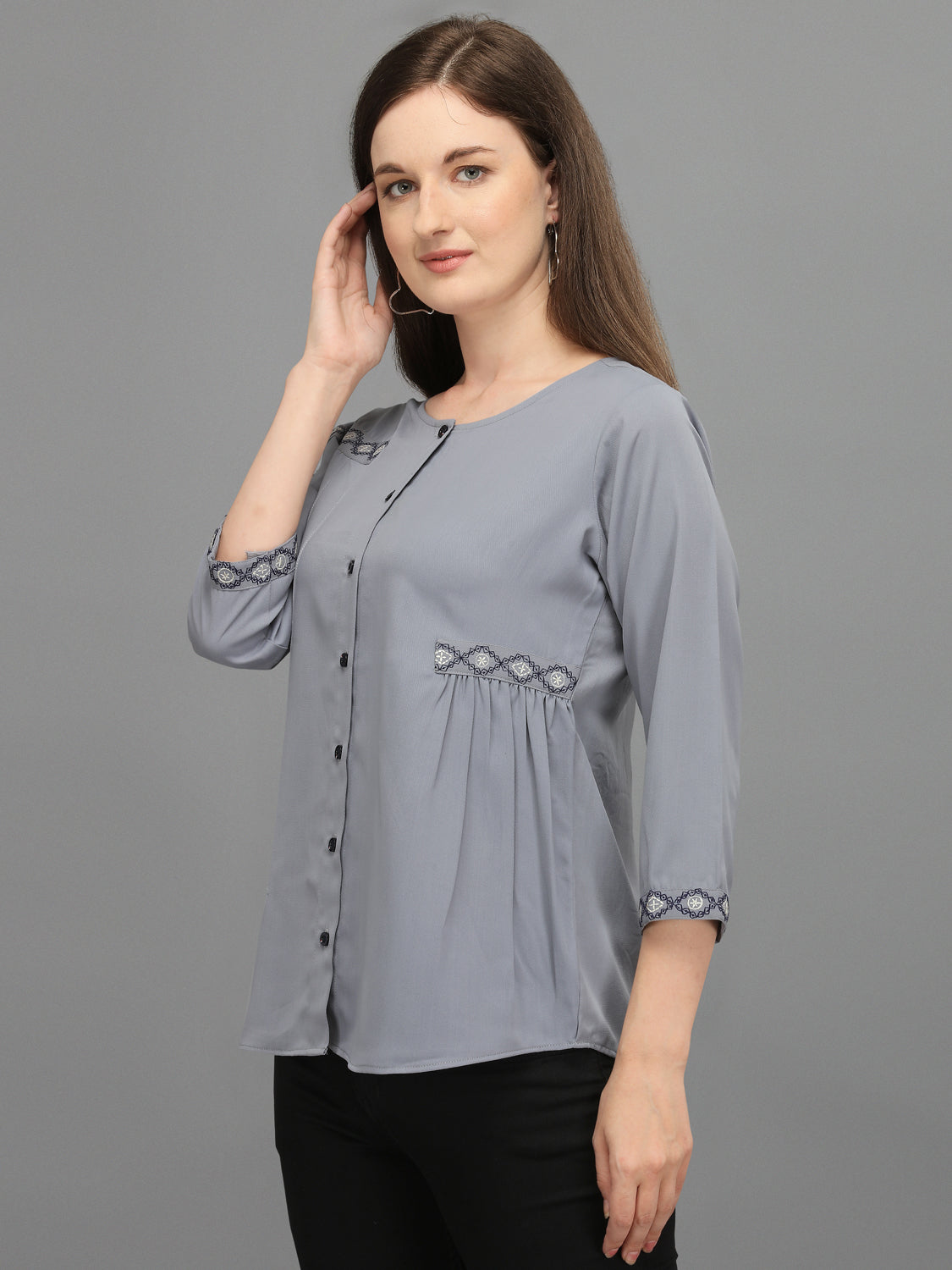 Casual Regular Sleeves Embroidered Women Grey Top