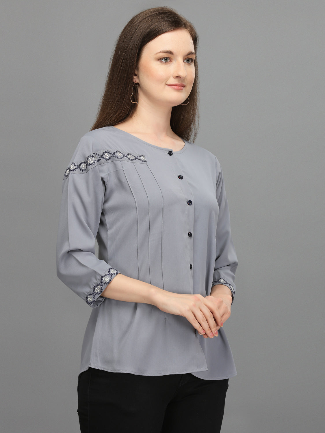 Casual Regular Sleeves Embroidered Women Grey Top