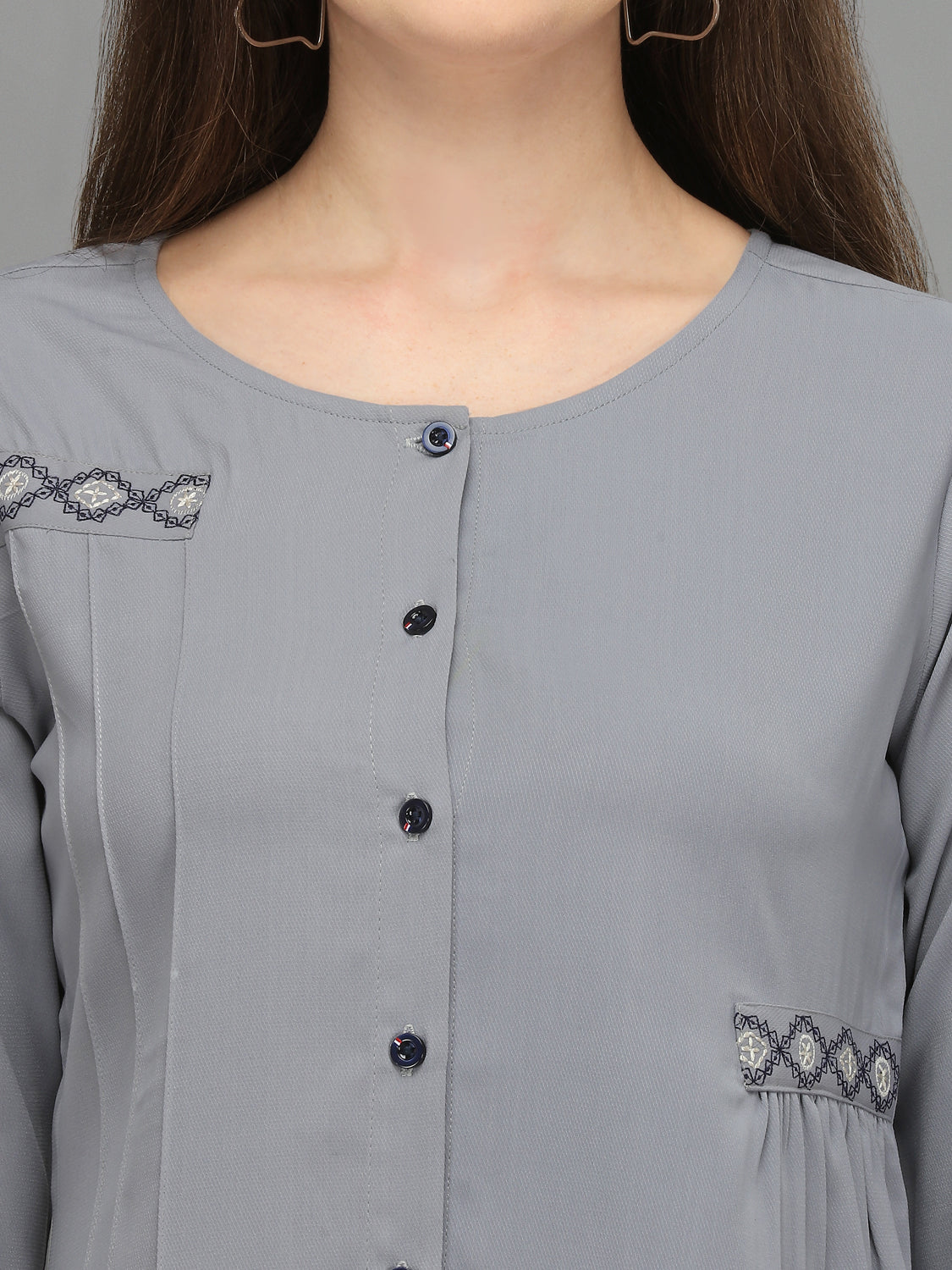 Casual Regular Sleeves Embroidered Women Grey Top