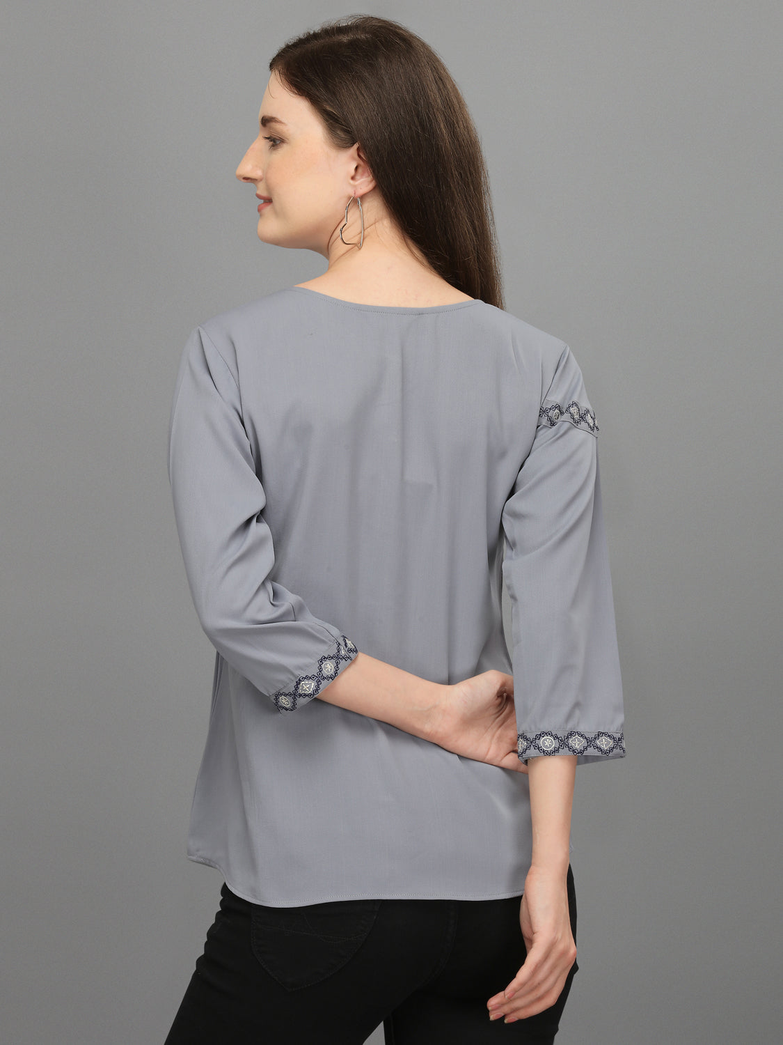 Casual Regular Sleeves Embroidered Women Grey Top