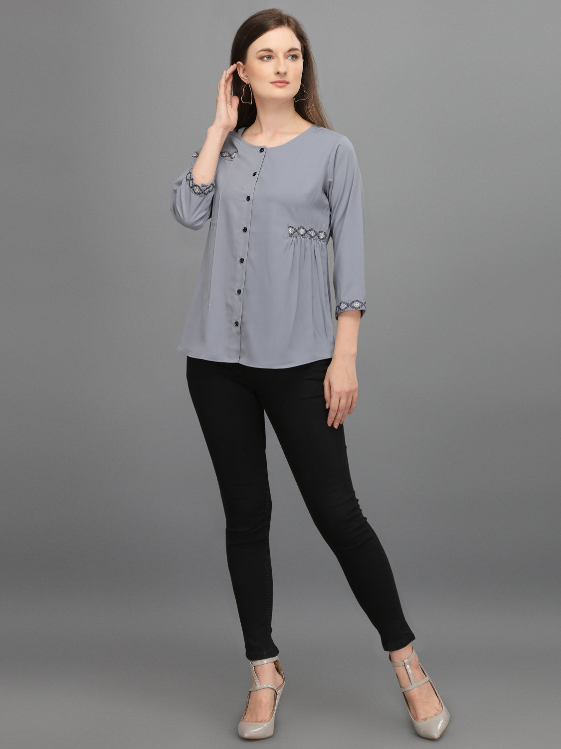 Casual Regular Sleeves Embroidered Women Grey Top