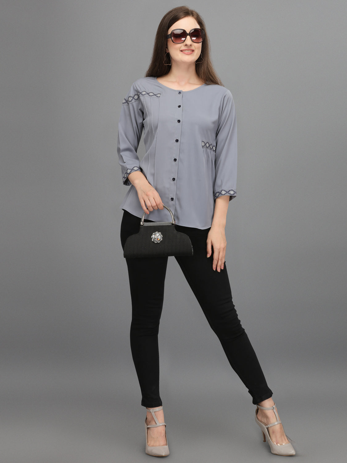 Casual Regular Sleeves Embroidered Women Grey Top