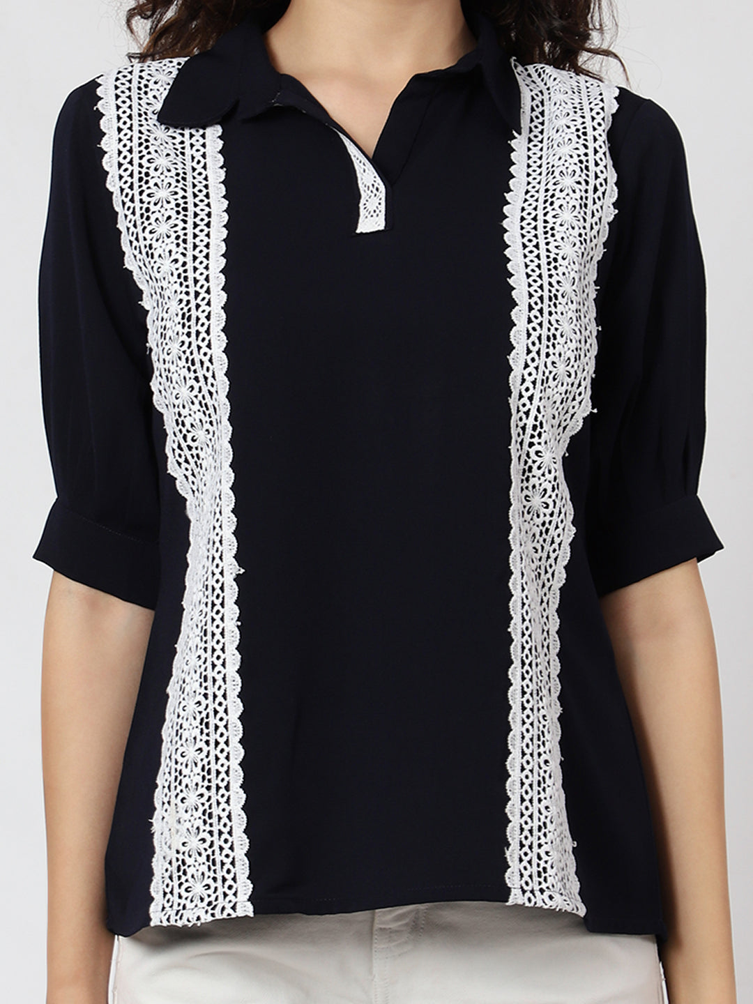 Casual Puff Sleeves Self Design Women Black Top