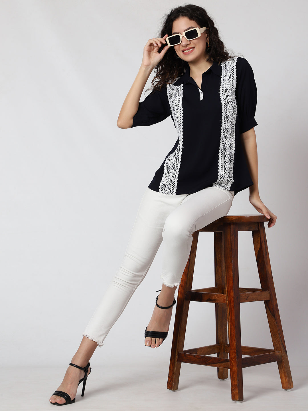 Casual Puff Sleeves Self Design Women Black Top