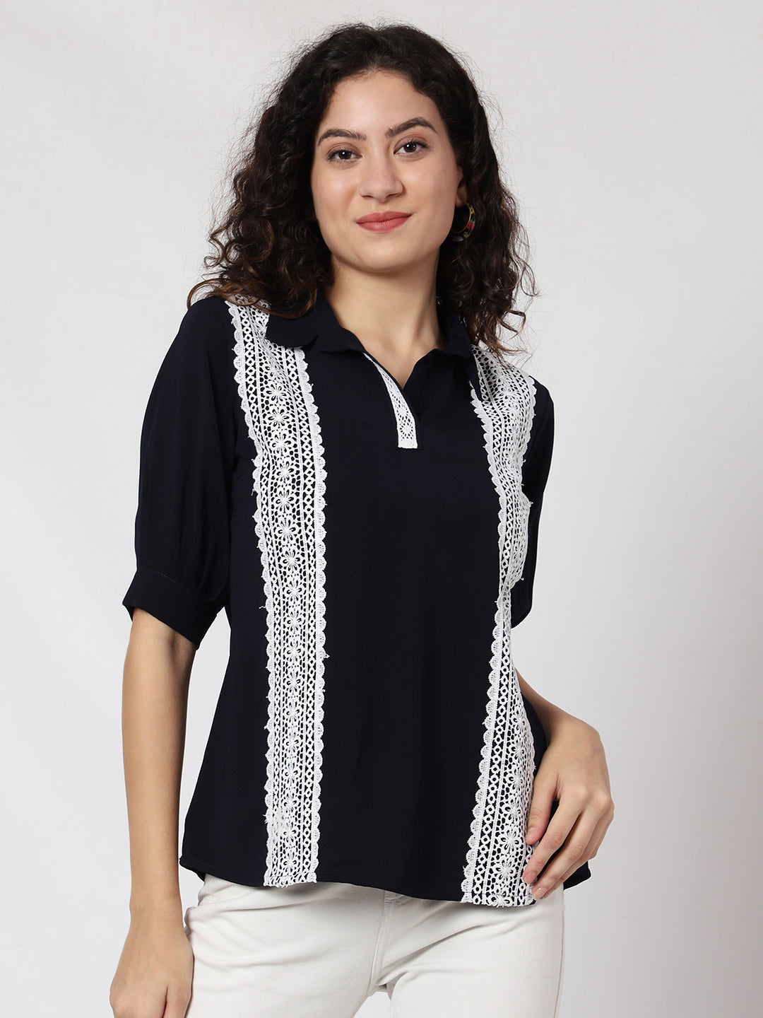 Casual Puff Sleeves Self Design Women Black Top