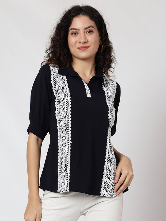 Casual Puff Sleeves Self Design Women Black Top