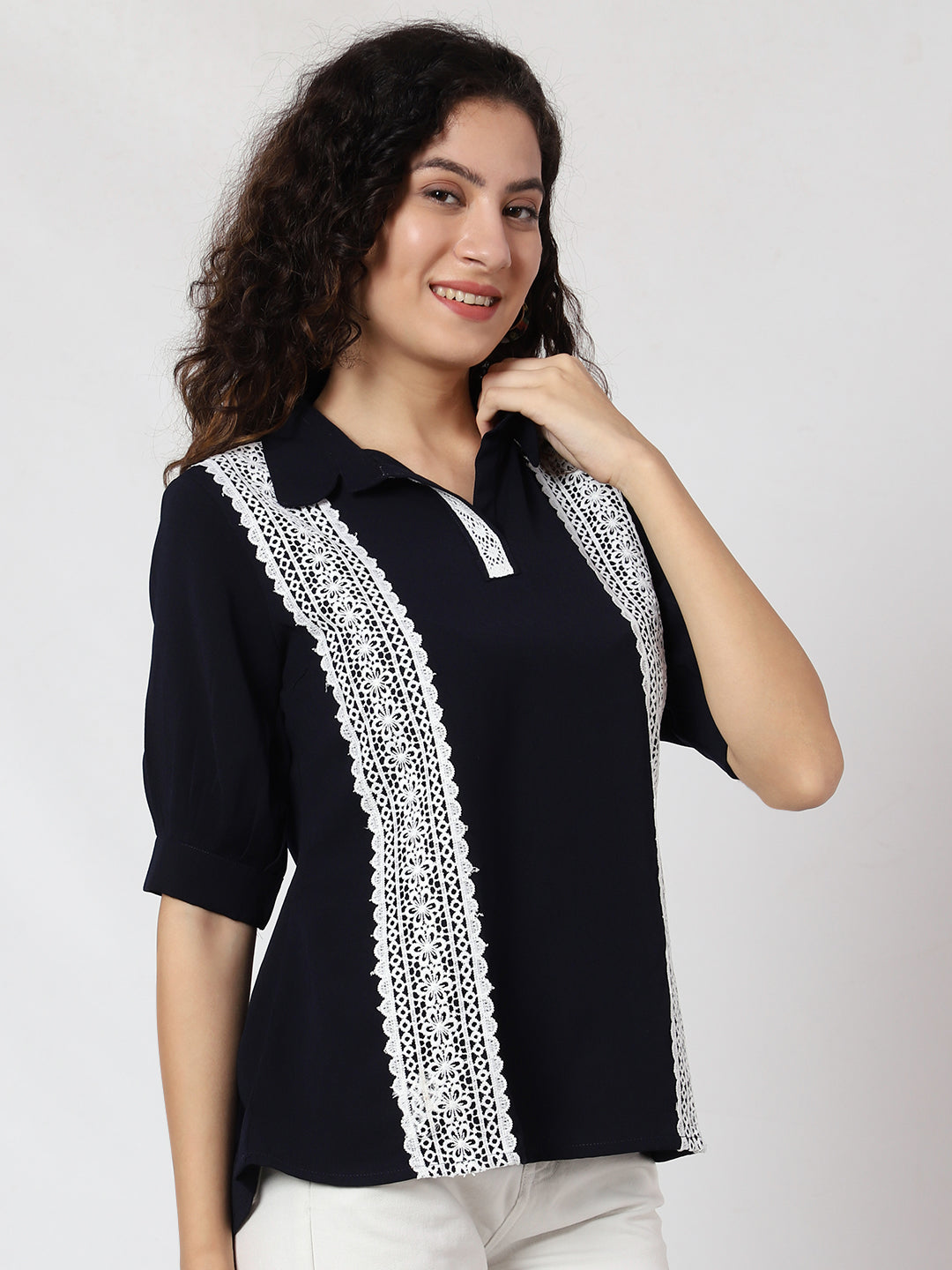 Casual Puff Sleeves Self Design Women Black Top
