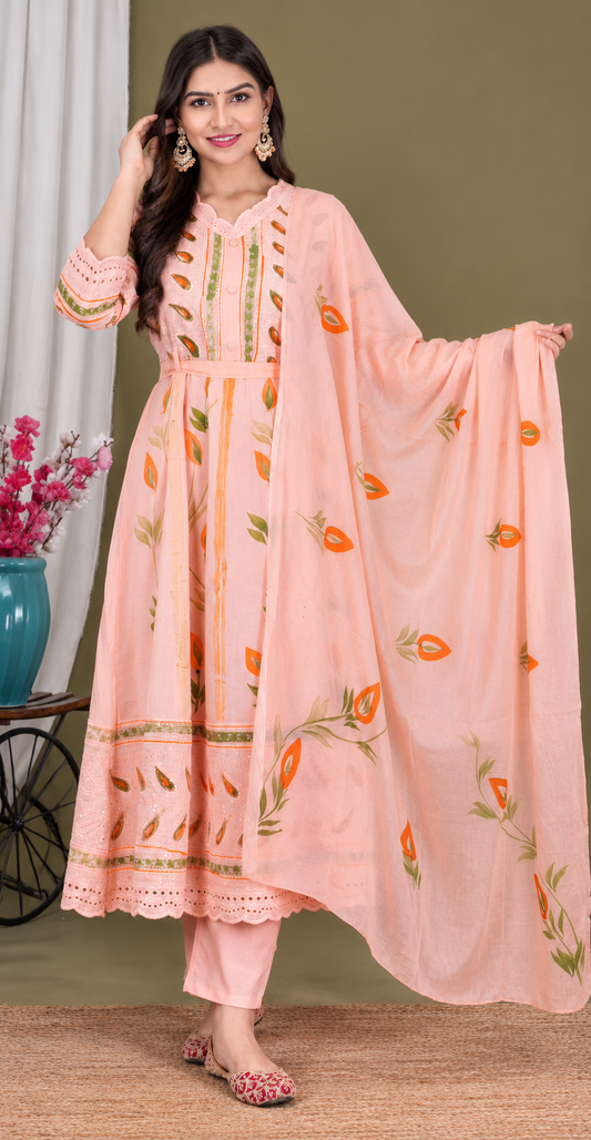 Women Pure Cotton Pink Kurta, Pant and Dupatta Set