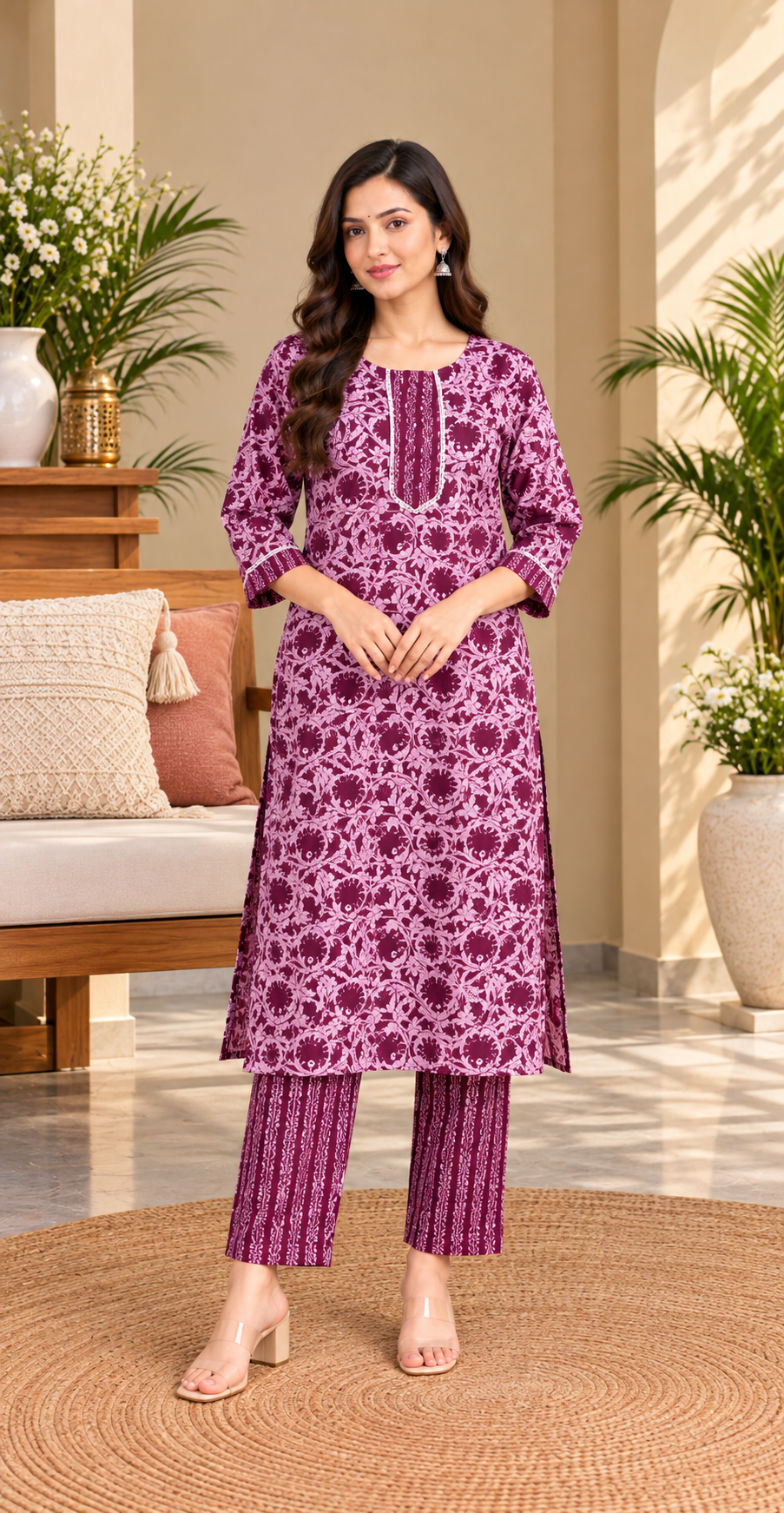Women Plum Purple Straight Kurta Set with Contrast Yoke Detailing and Matching Pants