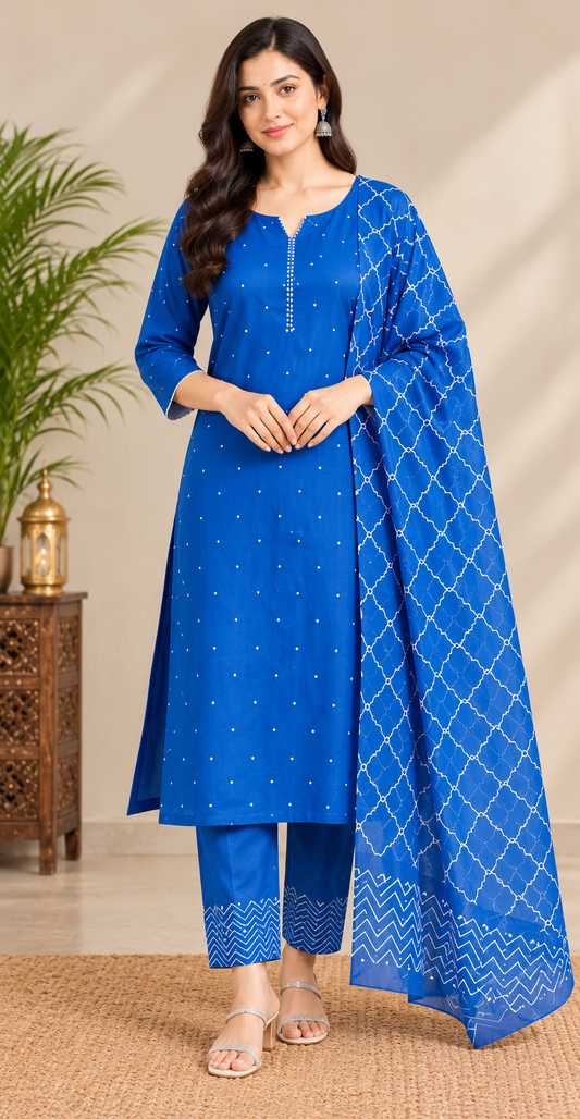 Women Bright Blue Printed Ethnic Suit Set with Lace-Trimmed V-Neck & Chevron Pants