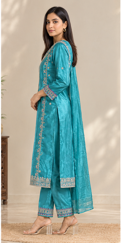 Women Ocean Teal Colour Tissue Silk Embroidered Suit Set with Matching Dupatta