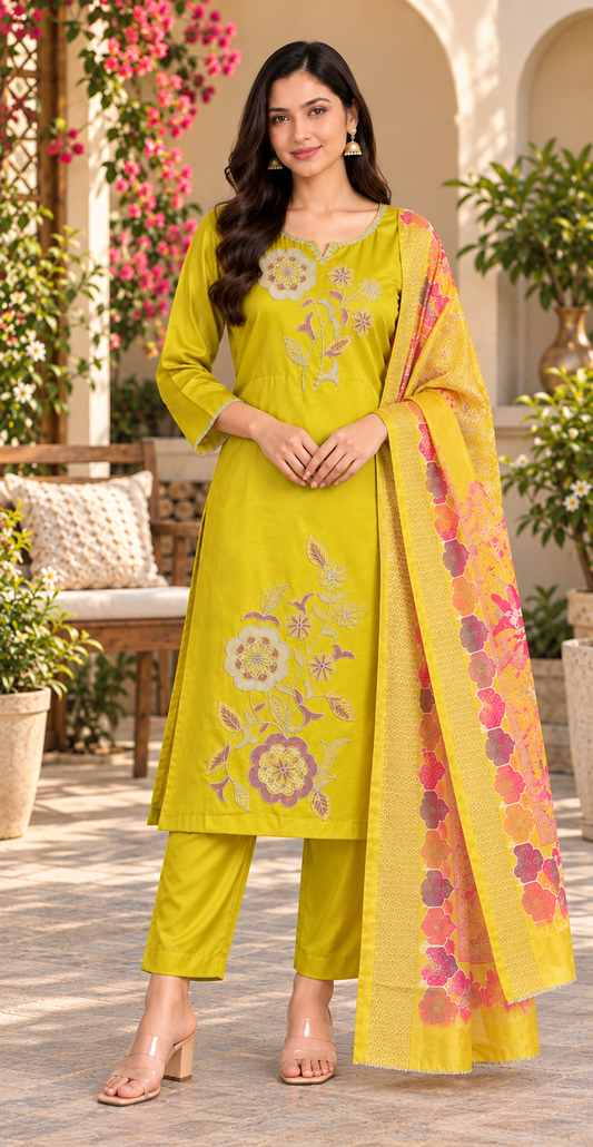 Women Yellow Floral Embroidered Kurta & Pant Set with Matching Dupatta