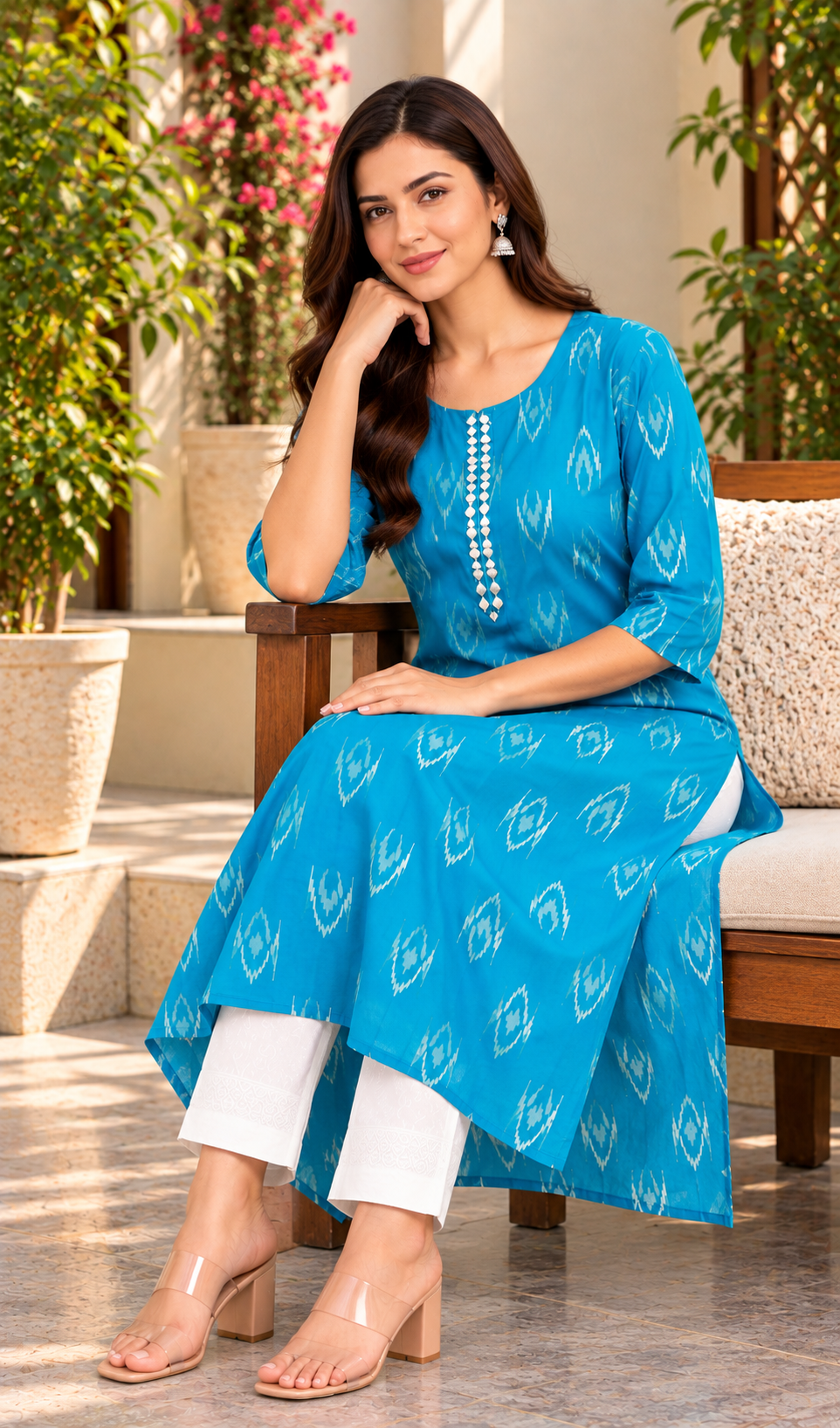 Women Turquoise Blue Ikat Print Premium Rayon Straight Kurta with Button & Mirror Accent Yoke