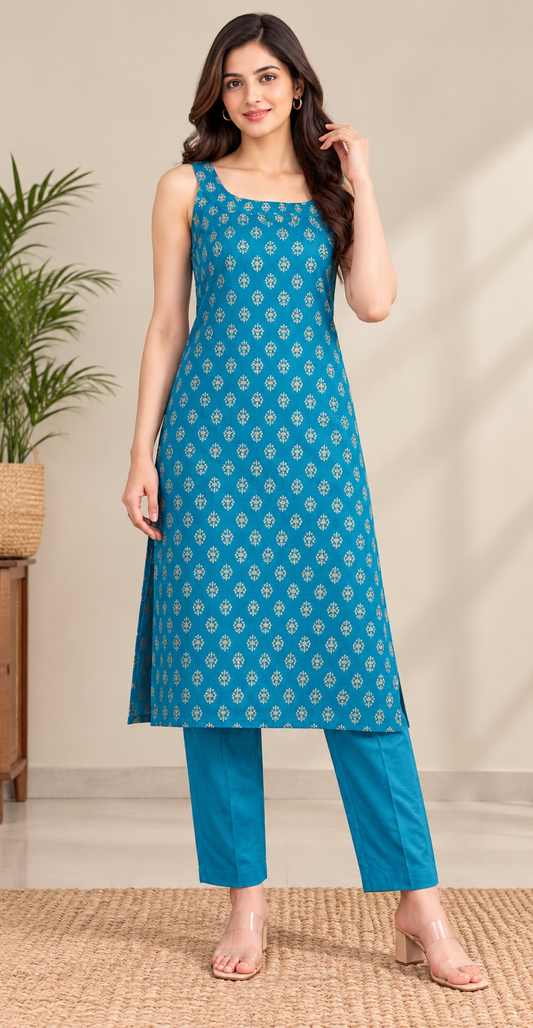 Women Elegant Green Gold Printed Sleeveless Kurta with Trousers (2-Piece Set)
