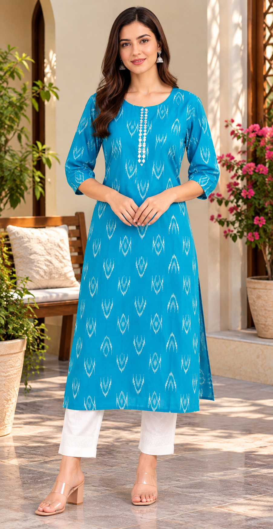 Women Turquoise Blue Ikat Print Premium Rayon Straight Kurta with Button & Mirror Accent Yoke