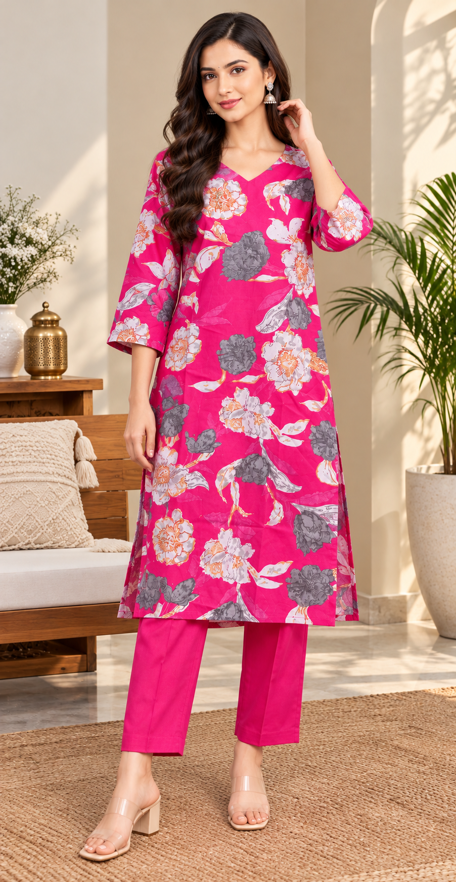 Women V-Neck Pink Cotton Ethnic Kurta and Matching Trouser Set