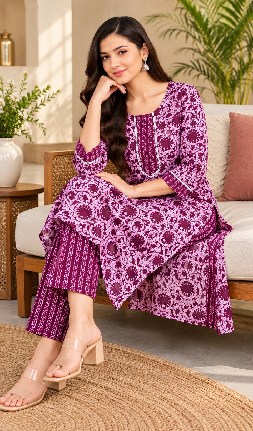 Women Plum Purple Straight Kurta Set with Contrast Yoke Detailing and Matching Pants
