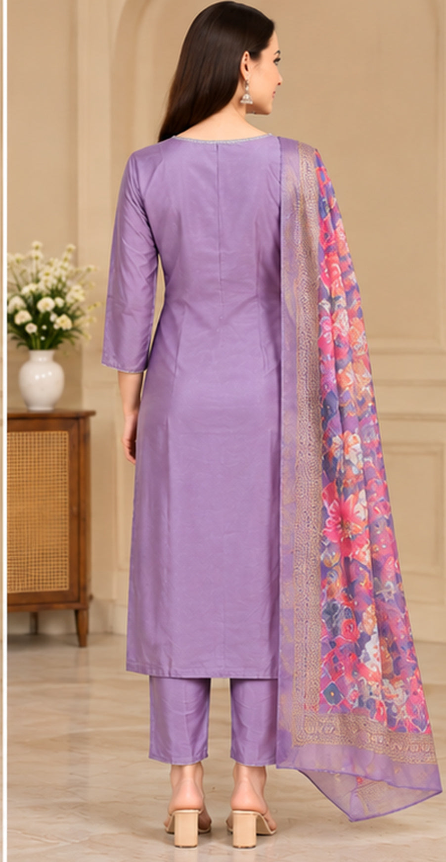 Women Purple Floral Embroidered Kurta & Pant Set with Matching Dupatta