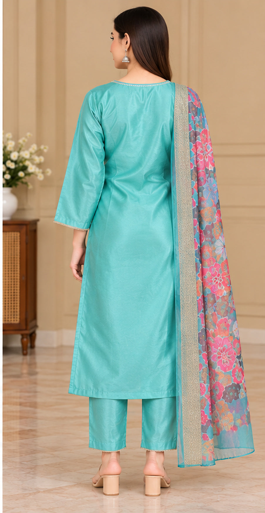 Women Turquoise Green Floral Embroidered Kurta & Pant Set with Matching Dupatta