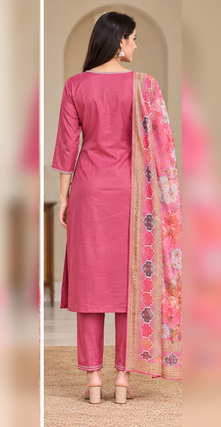 Women Rose Pink Floral Embroidered Kurta & Pant Set with Matching Dupatta
