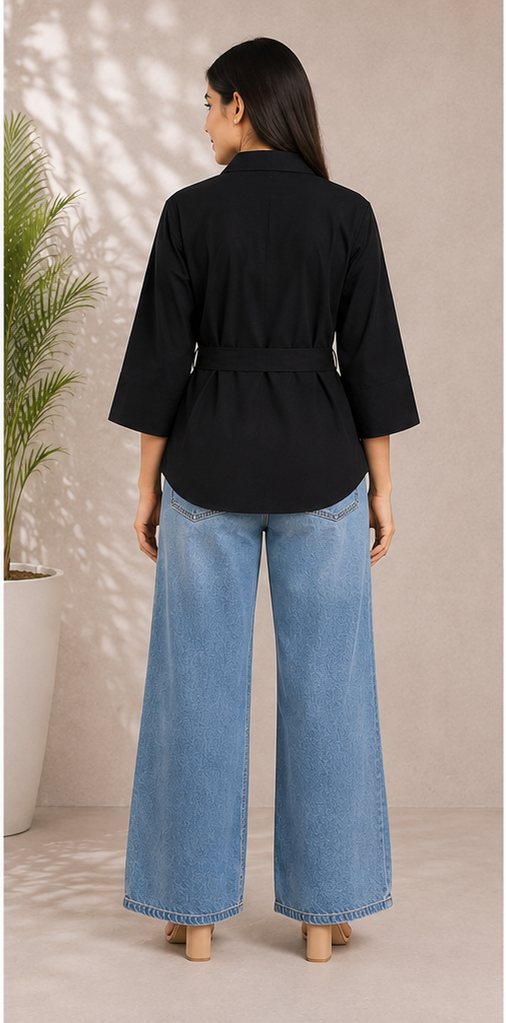 Women classic cotton collar shirt with Tie-Waist