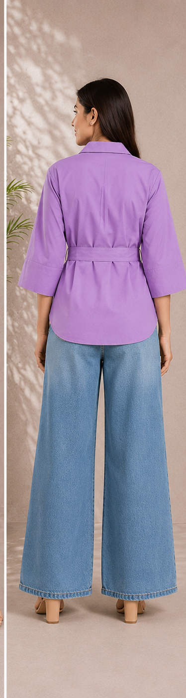 Women classic cotton collar shirt with Tie-Waist