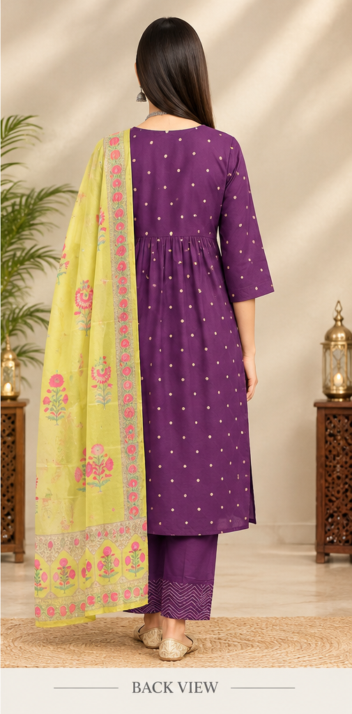 Women Deep Purple Gathered Ethnic Suit Set with Chevron Printed Trousers & Contrast Dupatta