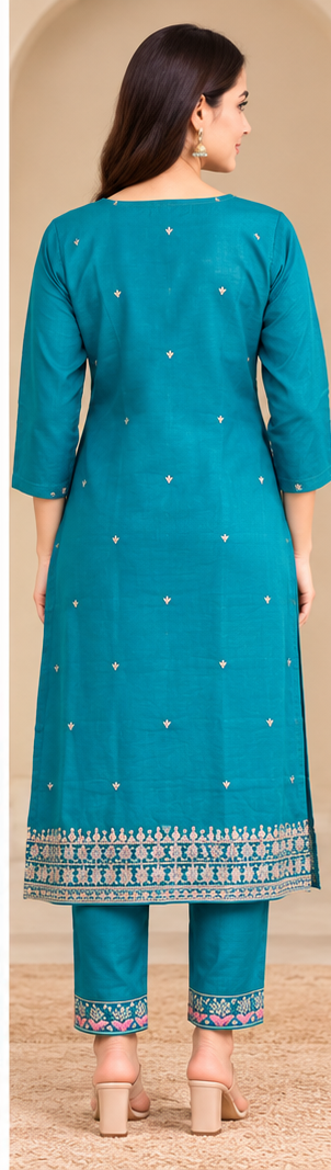 Women Teal Blue Embroidered Kurta & Pant Set with Floral Digital Printed Dupatta