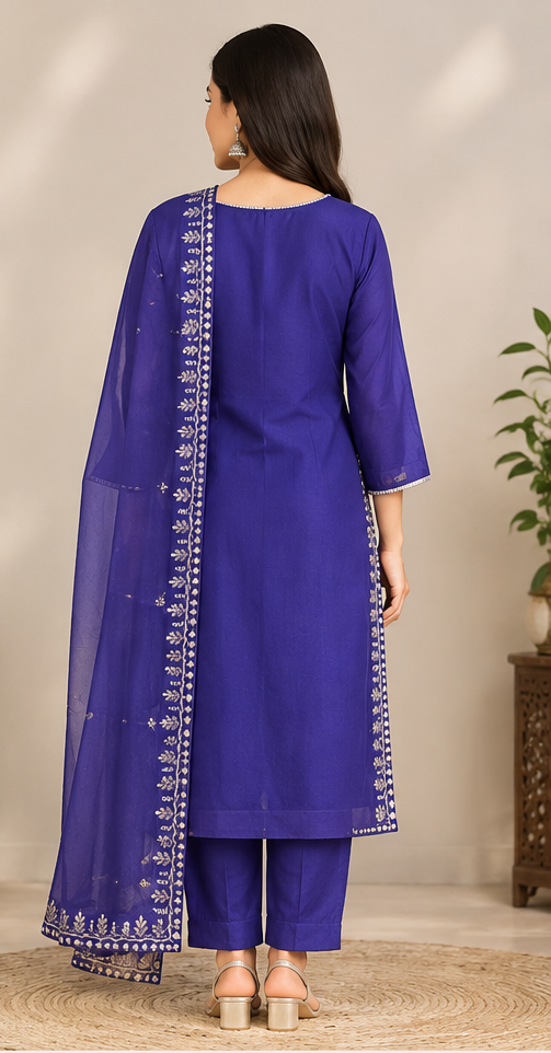Women Royal blue chiffon suit set with Embroidered Side Slits & Matching Dupatta
