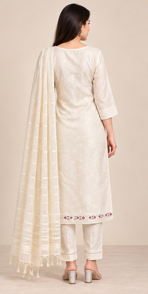 Women Elegant Cream Chanderi Silk Chikankari Style Kurta, Pant & Dupatta 3-Piece Set