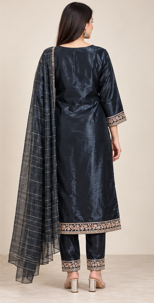 Women Black Colour Tissue Silk Embroidered Suit Set with Matching Dupatta