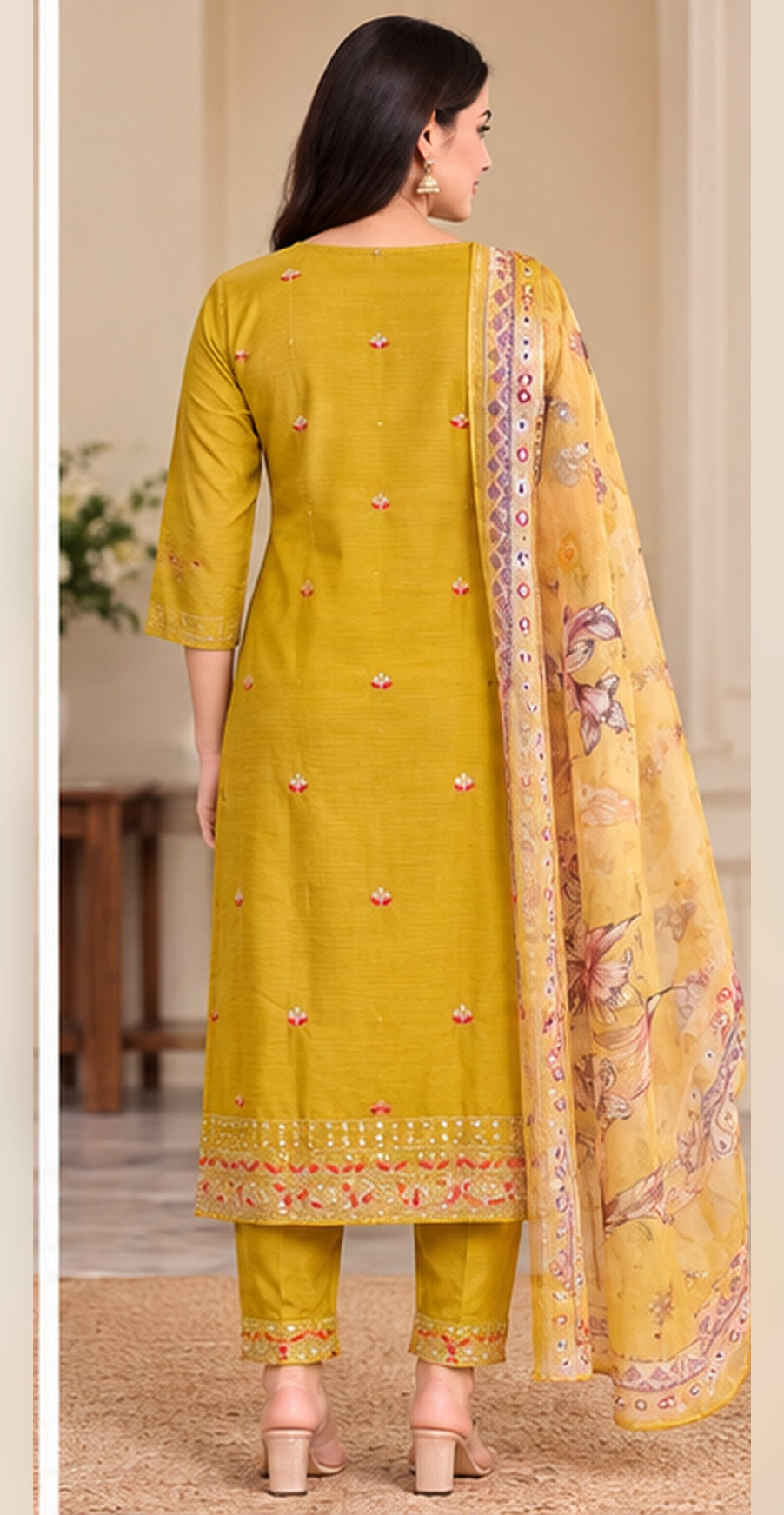 Women Yellow Embroidered Kurta & Pant Set with Floral Digital Printed Dupatta